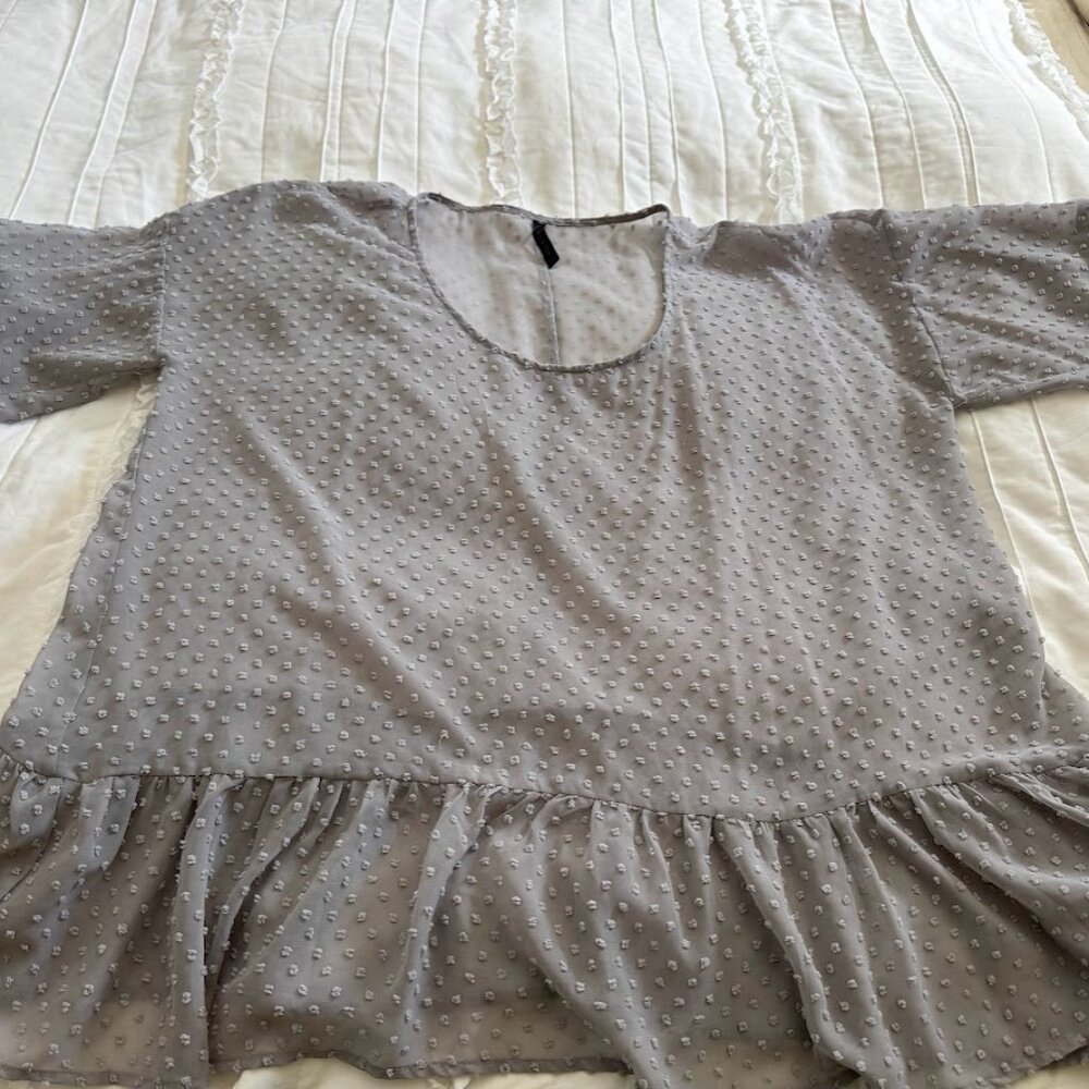 Match Point Womens Plus Size 2XL Gray Peplum Ruffle Sheer Gray Blouse